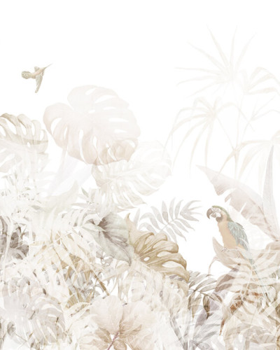 Tapet tropical cu frunze de Monstera, colibii si pasari exotice in nuante pale.