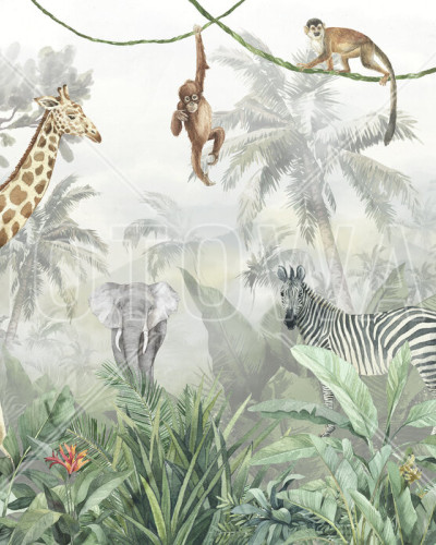 Tapet foto cu design Jungle Friends with Jungle Background, cu girafe, elefanți, zebre, maimuțe, tucani, păsări.