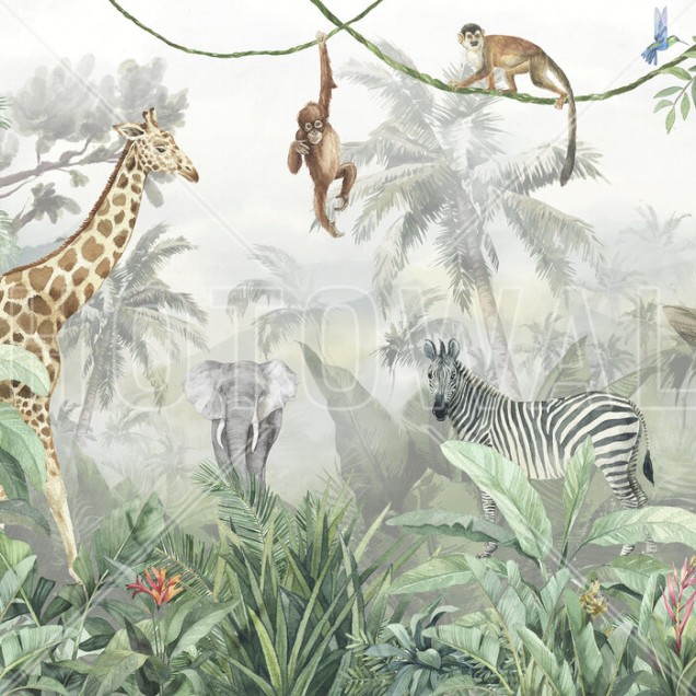 Tapet foto cu design Jungle Friends with Jungle Background, cu girafe, elefanți, zebre, maimuțe, tucani, păsări.