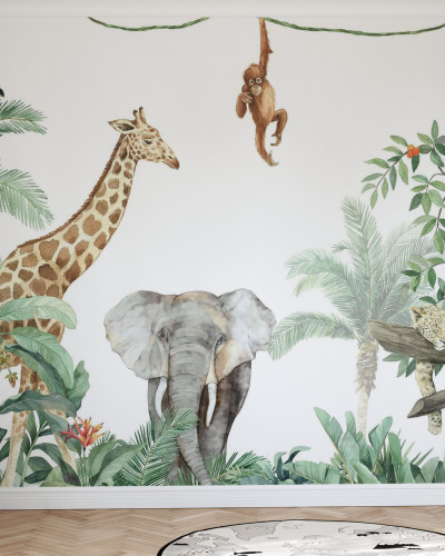 Tapet Jungle Friends with Elephant cu girafa, elefant, maimuta si leopard