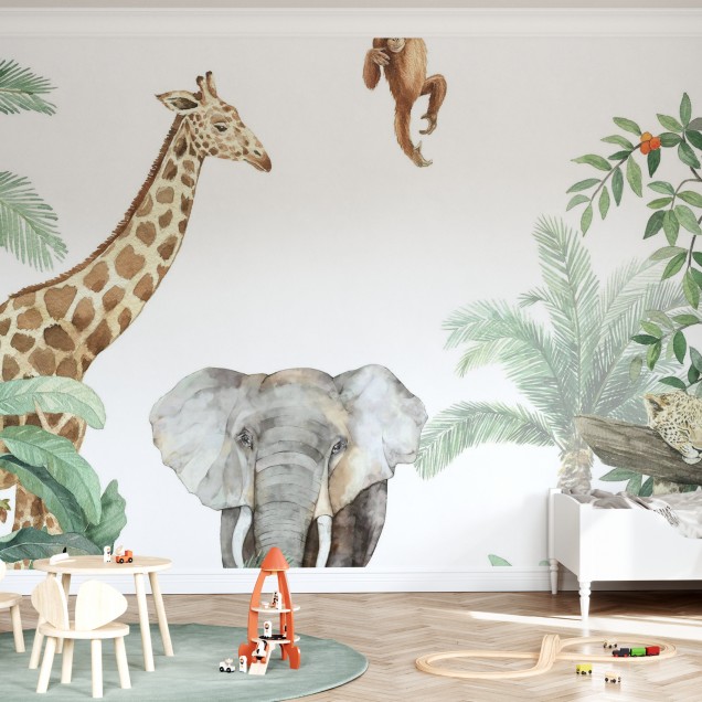 Tapet Jungle Friends with Elephant cu girafa, elefant, maimuta si leopard