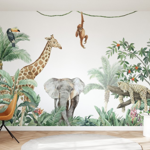 Tapet Jungle Friends with Elephant cu girafa, elefant, maimuta si leopard
