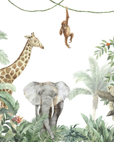 Tapet Jungle Friends with Elephant cu girafa, elefant, maimuta si leopard
