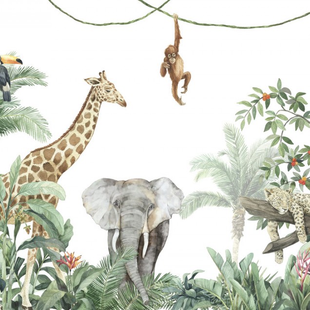 Tapet Jungle Friends with Elephant cu girafa, elefant, maimuta si leopard