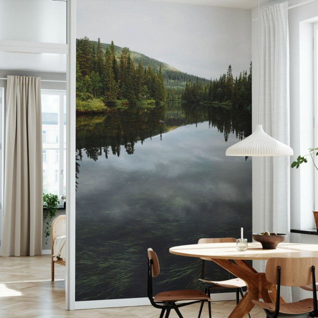 Tapet foto cu o imagine a unui râu care curge printr-o pădure, perfect pentru a aduce natura în casa ta.