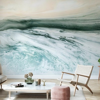Tapet abstract High Tide, cu nuanțe de verde și alb, inspirat de valurile mării, perfect pentru a crea un punct focal în living, dormitor sau birou.