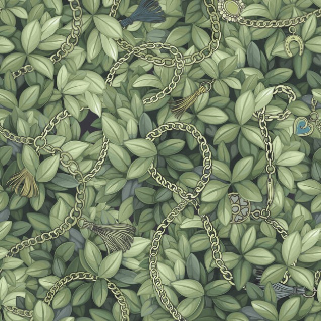 Tapet Foliage Chain, cu frunze verzi și lanțuri delicate, aplicat pe un perete din sufragerie.