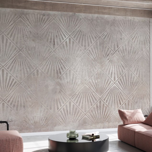 Tapet cu design geometric Urban Archaeo Fan Chalk, cu aspect texturat, potrivit pentru living sau dormitor