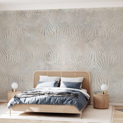Tapet modern cu design geometric, Urban Archaeo Fan Lime-Sand, cu nuanțe de verde și gri, pentru living sau dormitor.