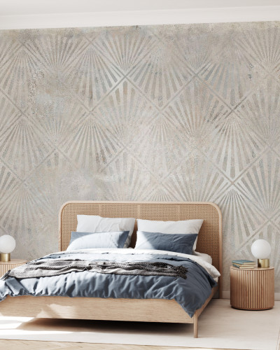 Tapet modern cu design geometric, Urban Archaeo Fan Lime-Sand, cu nuanțe de verde și gri, pentru living sau dormitor.