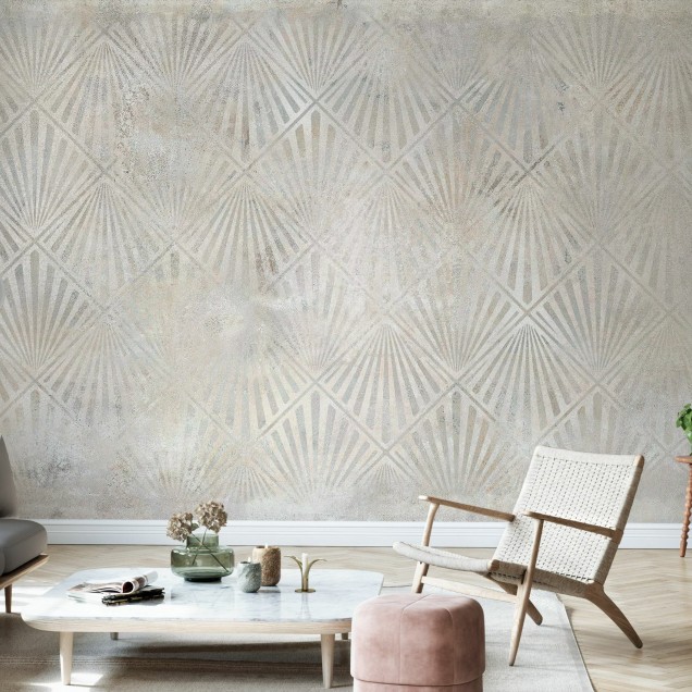 Tapet modern cu design geometric, Urban Archaeo Fan Lime-Sand, cu nuanțe de verde și gri, pentru living sau dormitor.