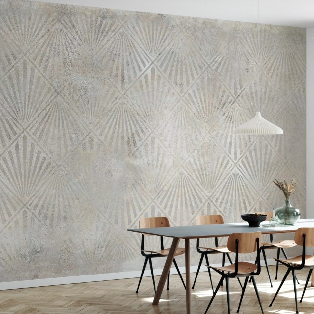 Tapet modern cu design geometric, Urban Archaeo Fan Lime-Sand, cu nuanțe de verde și gri, pentru living sau dormitor.