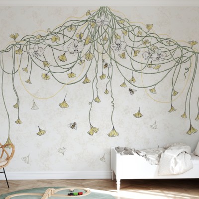 Tapet Art Nouveau Bumblebee, cu flori delicate și albine zburătoare, perfect pentru dormitor, sufragerie sau hol.