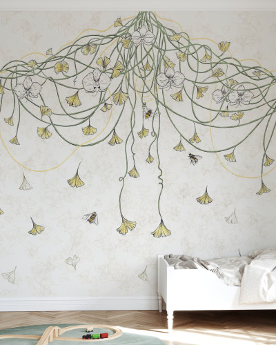 Tapet Art Nouveau Bumblebee, cu flori delicate și albine zburătoare, perfect pentru dormitor, sufragerie sau hol.