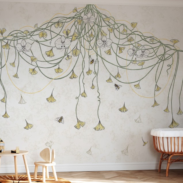 Tapet Art Nouveau Bumblebee, cu flori delicate și albine zburătoare, perfect pentru dormitor, sufragerie sau hol.
