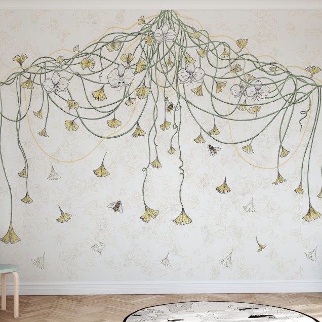 Tapet Art Nouveau Bumblebee, cu flori delicate și albine zburătoare, perfect pentru dormitor, sufragerie sau hol.