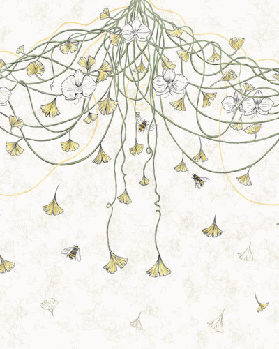 Tapet Art Nouveau Bumblebee, cu flori delicate și albine zburătoare, perfect pentru dormitor, sufragerie sau hol.