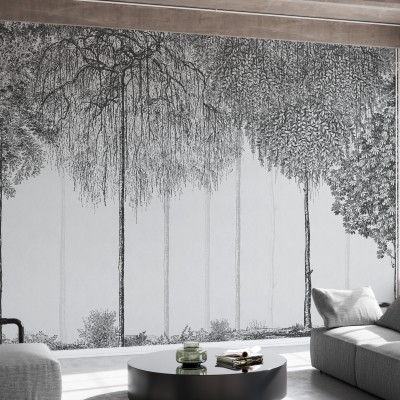 Tapet Trees Cascade, Graphite, imagine in interiorul unui living modern, cu canapea gri, masa de cafea si mobilier elegant