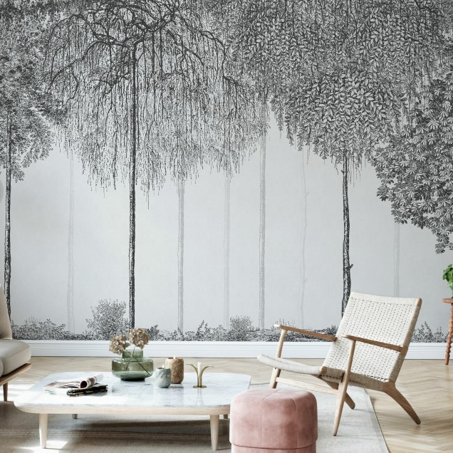Tapet Trees Cascade, Graphite, imagine in interiorul unui living modern, cu canapea gri, masa de cafea si mobilier elegant