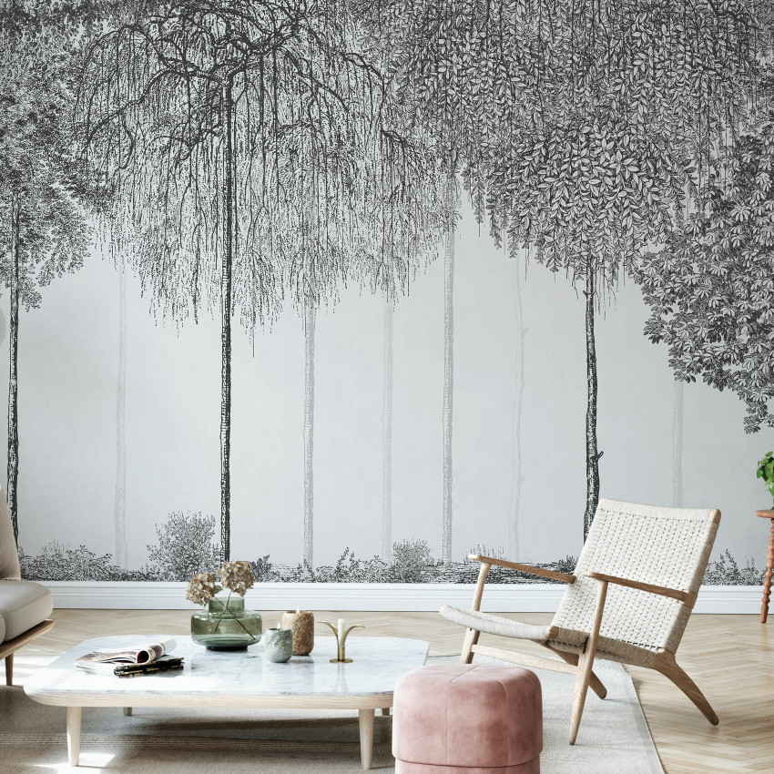 Tapet cu design elegant si modern, cu arbori in tonuri de verde turcoaz.