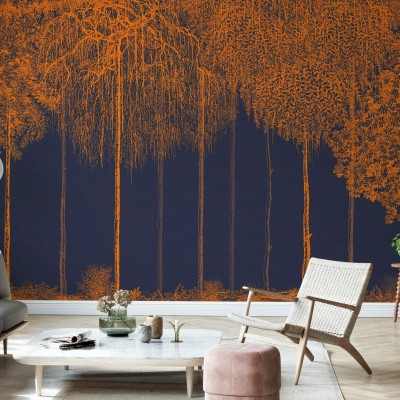 Tapet cu design abstract de copaci în culori calde, portocaliu și albastru, perfect pentru living sau dormitor