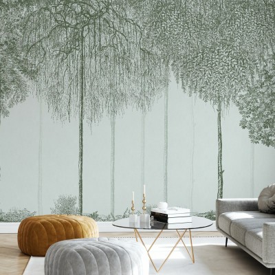 Tapet cu design minimalist, Trees Cascade, Jade, prezintă o siluetă de copaci, pictată în nuanțe de verde, pe un fond delicat, albastru deschis.