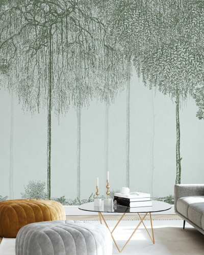 Tapet cu design minimalist, Trees Cascade, Jade, prezintă o siluetă de copaci, pictată în nuanțe de verde, pe un fond delicat, albastru deschis.