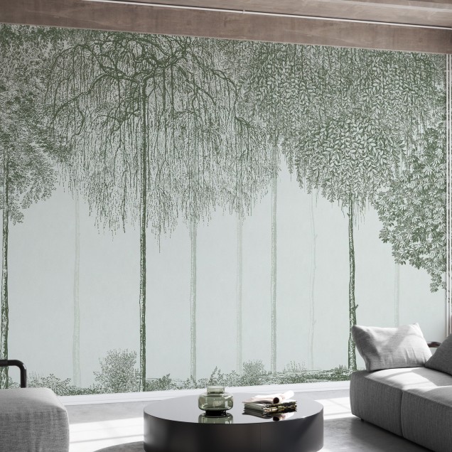 Tapet cu design minimalist, Trees Cascade, Jade, prezintă o siluetă de copaci, pictată în nuanțe de verde, pe un fond delicat, albastru deschis.