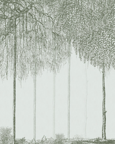Tapet cu design minimalist, Trees Cascade, Jade, prezintă o siluetă de copaci, pictată în nuanțe de verde, pe un fond delicat, albastru deschis.