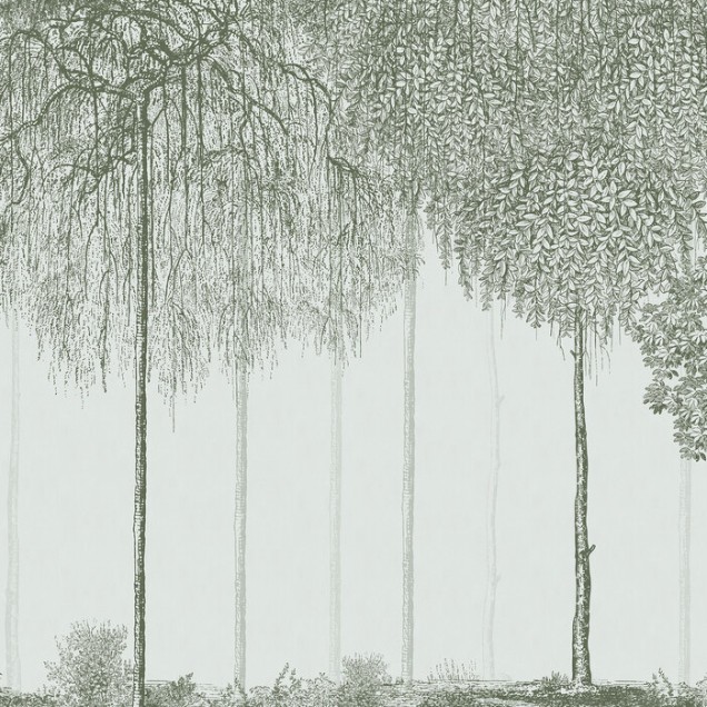 Tapet cu design minimalist, Trees Cascade, Jade, prezintă o siluetă de copaci, pictată în nuanțe de verde, pe un fond delicat, albastru deschis.