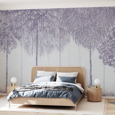 Tapet cu design de copaci in nuante de lavanda, Trees Cascade, Lavender.
