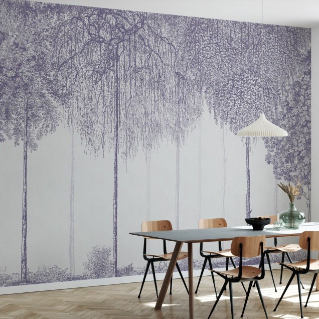 Tapet cu design de copaci in nuante de lavanda, Trees Cascade, Lavender.
