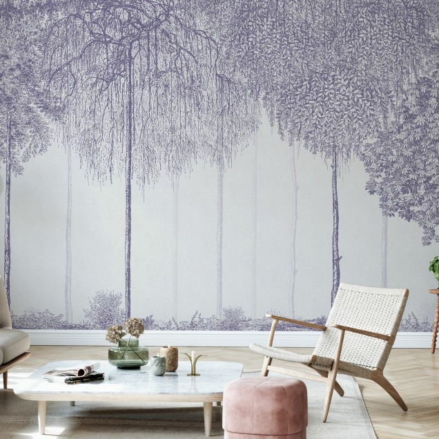 Tapet cu design de copaci in nuante de lavanda, Trees Cascade, Lavender.