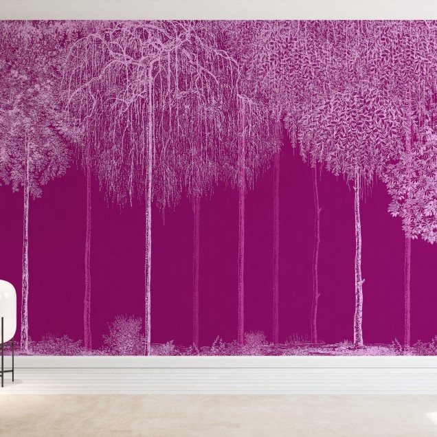 Un wallpaper cu un design elegant, reprezentând o cascadă de copaci albaștri pe un fundal magenta vibrant.