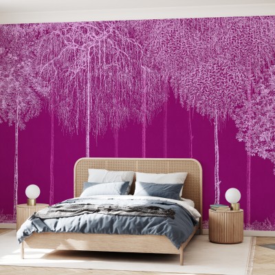 Un wallpaper cu un design elegant, reprezentând o cascadă de copaci albaștri pe un fundal magenta vibrant.