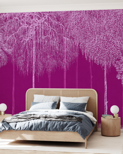 Un wallpaper cu un design elegant, reprezentând o cascadă de copaci albaștri pe un fundal magenta vibrant.