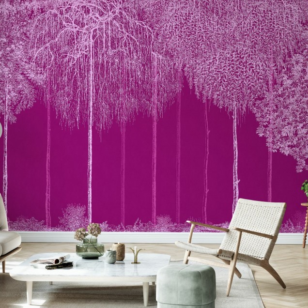 Un wallpaper cu un design elegant, reprezentând o cascadă de copaci albaștri pe un fundal magenta vibrant.