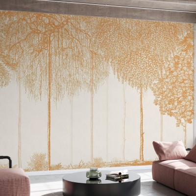 Tapet Trees Cascade, Sundial - Design minimalist cu o imagine de copaci simpli, in nuante aurii pe fond alb, ideal pentru un living modern, un dormitor relaxant sau un birou elegant.