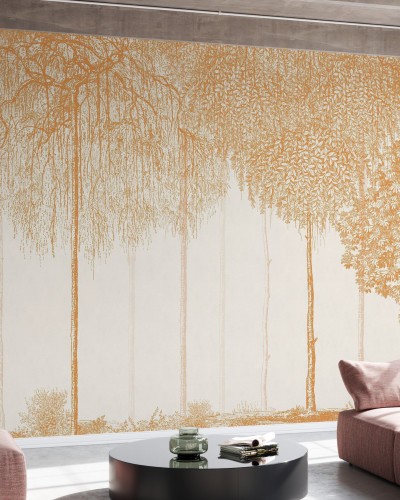Tapet Trees Cascade, Sundial - Design minimalist cu o imagine de copaci simpli, in nuante aurii pe fond alb, ideal pentru un living modern, un dormitor relaxant sau un birou elegant.