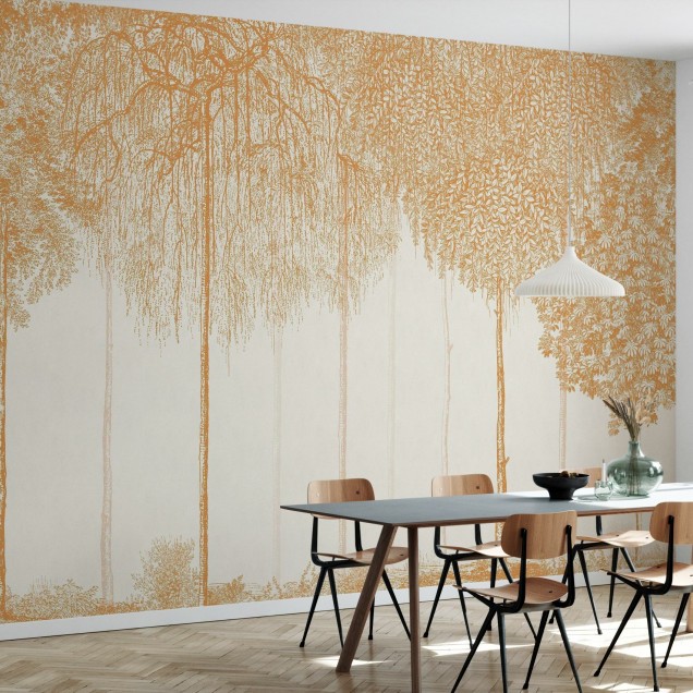 Tapet Trees Cascade, Sundial - Design minimalist cu o imagine de copaci simpli, in nuante aurii pe fond alb, ideal pentru un living modern, un dormitor relaxant sau un birou elegant.