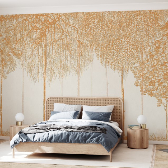 Tapet Trees Cascade, Sundial - Design minimalist cu o imagine de copaci simpli, in nuante aurii pe fond alb, ideal pentru un living modern, un dormitor relaxant sau un birou elegant.