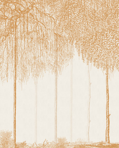 Tapet Trees Cascade, Sundial - Design minimalist cu o imagine de copaci simpli, in nuante aurii pe fond alb, ideal pentru un living modern, un dormitor relaxant sau un birou elegant.