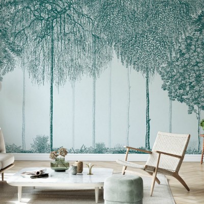 Tapet cu design elegant si modern, cu arbori in tonuri de verde turcoaz.
