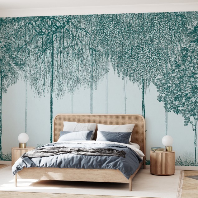 Tapet cu design elegant si modern, cu arbori in tonuri de verde turcoaz.