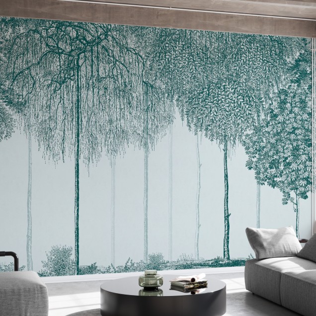 Tapet cu design elegant si modern, cu arbori in tonuri de verde turcoaz.