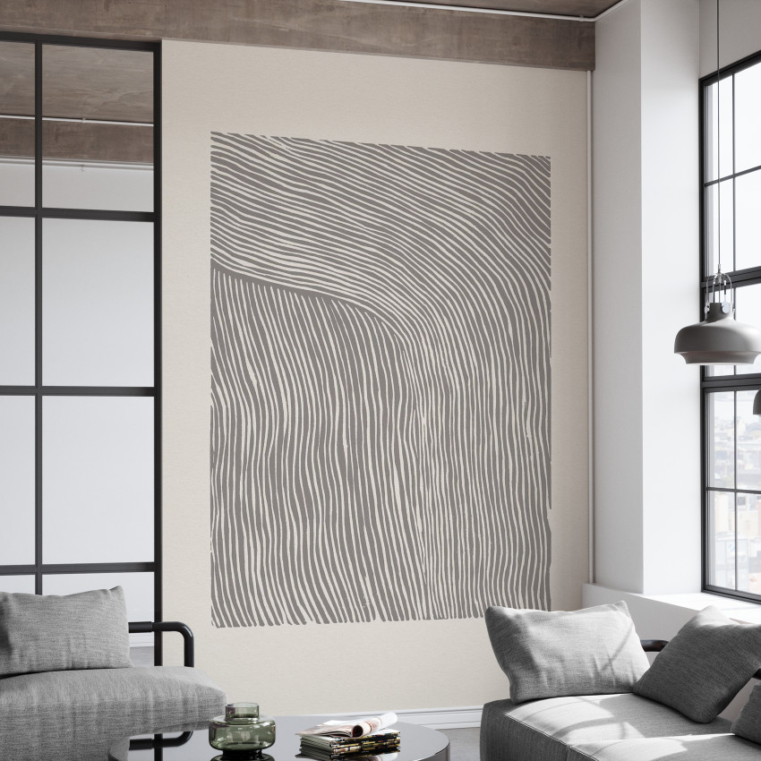 Tapet Stripes Linocut, Black, cu un model minimalist cu dungi curbate, în tonuri de alb și negru