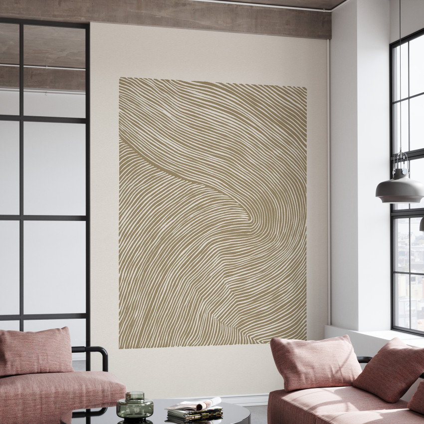 Tapet modern cu dungi Stripes Linocut, Black III, în nuanțe de negru și alb, pe un perete în living.