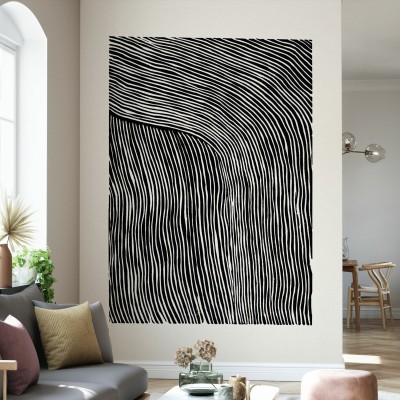 Tapet Stripes Linocut, Black, cu un model minimalist cu dungi curbate, în tonuri de alb și negru