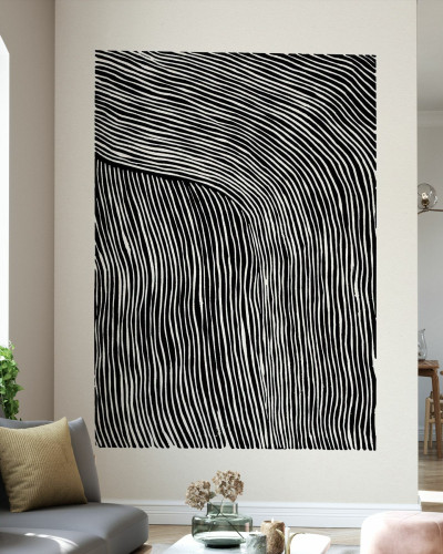 Tapet Stripes Linocut, Black, cu un model minimalist cu dungi curbate, în tonuri de alb și negru