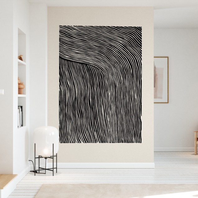Tapet Stripes Linocut, Black, cu un model minimalist cu dungi curbate, în tonuri de alb și negru